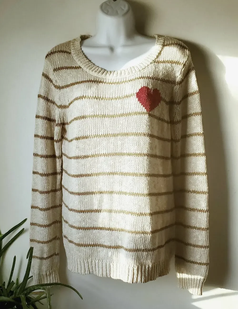 Tory Burch Womens Cream Striped Heart Linen Blend Sweater Size Medium Boho